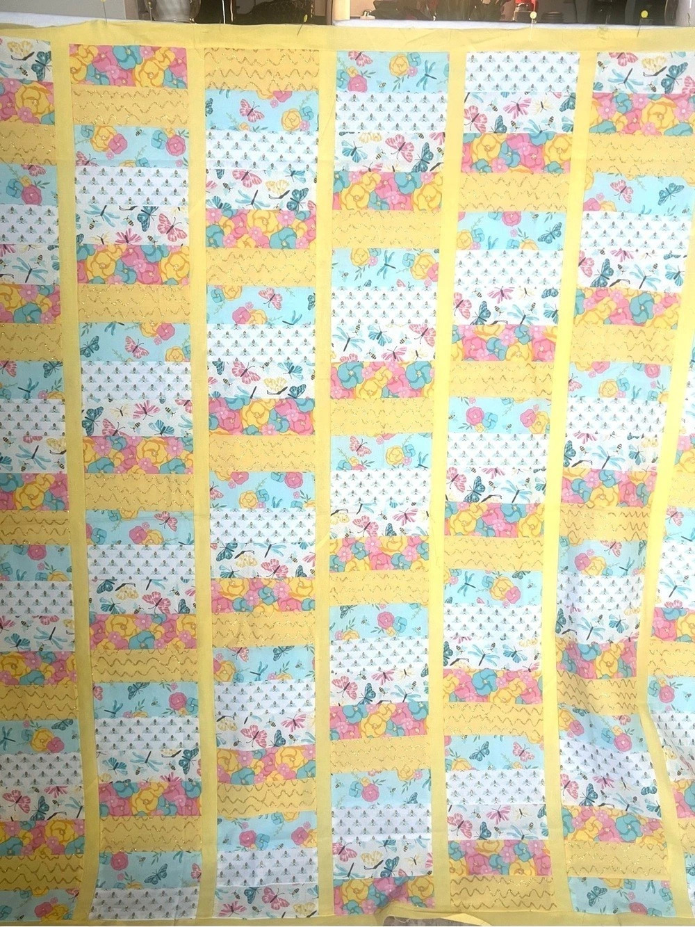 Floral Patchwork Quilt in Yellow, Blue, Pink